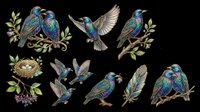Iridescent blue-green starlings on branches, in flight, with nest and feather, isolated on transparent background. Great for stickers, t-shirt design, and print on demand.