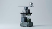 Abstract geometric sculpture with metallic spheres, cubes and marble base showcasing modern minimalist design and balanced composition for contemporary decor.