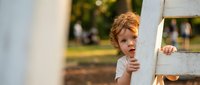 Young Caucasian toddler boy with curly red hair peeking from behind white wooden fence in sunny park setting during golden hour outdoor play.