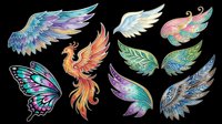 Colorful fantasy wings and phoenix clipart set, isolated on transparent background, ready for stickers, t-shirt design, sublimation, and print on demand use.