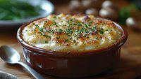 Creamy potato gratin with golden cheese crust and fresh herbs in ceramic baking dish on rustic wooden table for comfort food recipes and cooking.