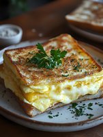 Grilled cheese sandwich with melted cheddar and scrambled egg filling on toasted white bread, garnished with fresh parsley and herbs on ceramic plate.