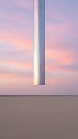 Tall white cylindrical wind turbine tower isolated against pastel pink and purple sunset sky with flat desert landscape below, suitable for renewable energy and sustainability concepts.