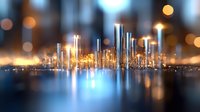 Glowing futuristic cityscape with illuminated skyscrapers reflecting on water surface against blurred bokeh lights background, creating modern urban atmosphere.