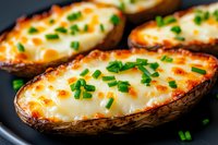Twice baked potato skins filled with creamy mashed potatoes, melted cheese, and fresh chopped chives on dark background, close up view of homemade appetizer.