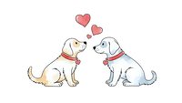 Two adorable puppies sitting face to face with floating hearts above, expressing love and friendship on white background for romantic designs.