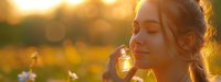 Young woman with closed eyes holding glowing jar at golden sunset in wildflower meadow, expressing serenity and mindfulness in nature setting.