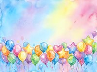 Colorful balloons and stars float against a soft watercolor gradient background in pastel shades of blue, pink, yellow, and purple, perfect for celebrations.