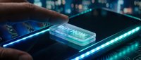 Finger pressing a glowing holographic buy now button on a futuristic digital surface with neon blue lights, symbolizing online shopping and e-commerce.