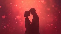 Romantic couple silhouettes kissing on red background with floating hearts and sparkles for Valentine's Day celebration and love themed designs.