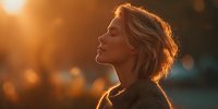 Young woman with short blonde hair in profile enjoying warm golden sunlight during sunset with peaceful expression and glowing bokeh background.
