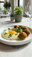 Gourmet falafel plate with creamy hummus and fried egg served on elegant white dinnerware in bright modern dining room setting for fine dining experience.