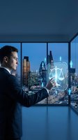 Professional businessman using digital justice interface with scales icon overlooking city skyline at night for legal technology and law firm concepts.