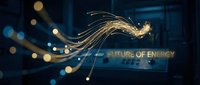 Futuristic energy flow with glowing particles and light trails representing renewable power technology and sustainable innovation concepts.