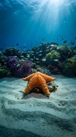 Vibrant coral reef ecosystem with orange starfish on sandy ocean floor, sunlight filtering through clear blue water creating peaceful underwater scene.