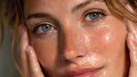 Young blonde woman with freckles applying skincare product to glowing dewy skin. Natural beauty routine and facial care concept for cosmetics advertising.