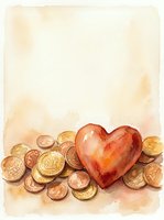 Watercolor red heart surrounded by golden coins on vintage paper background for love and money concept designs.