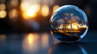 Wind turbines reflected in glass sphere against dramatic sunset sky, creative environmental concept showing renewable energy through crystal ball photography.