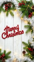 Merry Christmas red glitter sign on white wood with fir branches, pine cones, red berries, silver tinsel, and warm fairy lights.