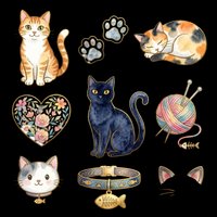 Watercolor cat clipart set with cute cats, paw prints, yarn ball, floral heart, and collar, isolated on transparent background, ready for stickers, t-shirt design, and print on demand.