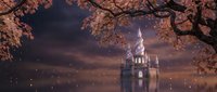 Enchanted fantasy castle on a glowing lake at dusk, framed by cherry blossom trees under a dramatic twilight sky with magical lights.
