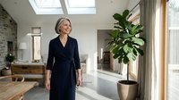Middle-aged woman with light skin tone and gray hair wearing a dark navy wrap dress standing in a bright, modern living room with natural light, potted plants, and contemporary furniture.