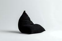 Black bean bag chair isolated on white background, modern minimalist furniture design for contemporary interior spaces and studio photography setup.