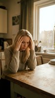 Stressed blonde woman holding head in hands sitting at kitchen table experiencing headache or mental fatigue in cozy home interior.