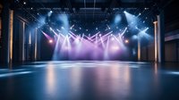 Empty concert hall with dramatic stage lighting creating atmospheric blue and purple beams through fog, reflective floor shows light patterns. For entertainment industry.