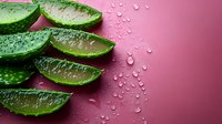 Fresh aloe vera plant slices with water drops on pink background, natural skincare and wellness concept for cosmetic product photography.
