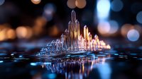Glowing crystal formations emerge from reflective surface with bokeh lights in background creating magical miniature cityscape atmosphere.