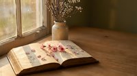 Autumn maple leaves scattered on open book pages by sunny window with ceramic vase and dried flowers creating cozy reading atmosphere for seasonal home decor.