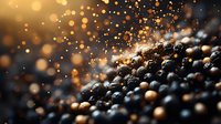 Fresh black peppercorns with golden bokeh light effects on dark background, aromatic spices macro photography with selective focus and blur.