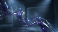 Futuristic purple and blue abstract waves with glowing particles and light effects on dark background for digital technology and sci-fi designs.
