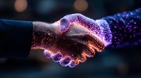 Digital handshake with glowing purple and orange particles creating luminous effect on dark background, representing business partnership and technology connection.