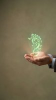 Businessman hands holding glowing green carbon footprint symbol with leaves and eco icons, representing sustainability and environmental responsibility.