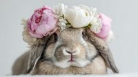Adorable lop-eared rabbit wearing crown of pink and white peonies against light background, close up portrait of bunny with flower wreath.