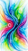 Vibrant watercolor swirl with technology icons, circuit patterns and gears in rainbow colors representing digital innovation and creative energy flow.