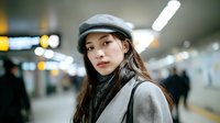 Young Asian woman wearing gray beret and coat at modern airport terminal with blurred background lights for travel and lifestyle concepts.