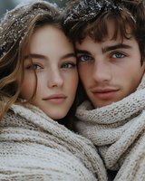 Young couple wrapped in cozy knit blanket sharing intimate winter moment with snow in hair. Romantic holiday season portrait for lifestyle and relationship content.