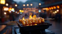 Grilled chicken yakitori skewers cooking on charcoal barbecue with flames and smoke at night market, blurred bokeh lights background creates atmospheric mood.