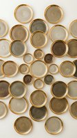 Decorative ceramic plates with gold rims arranged in a geometric pattern on white background. Various sizes in neutral earth tones create visual interest for interior design, home decor, and wall art projects.