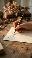 Hand writing thank you note with fountain pen on rustic wooden table with dried flowers, warm autumn atmosphere for gratitude and correspondence concepts.