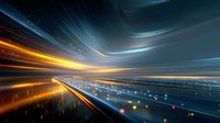 Abstract digital highway with glowing light trails and data streams flowing through futuristic cyber space representing high-speed internet connectivity.
