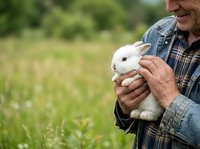 Senior man in plaid shirt holding white rabbit outdoors in green field. Farmer or rancher with domestic bunny, suitable for agriculture, farming, pet care, and rural lifestyle content.