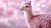 Pink alpaca on blurred romantic background with heart shaped bokeh lights, soft focus portrait of fluffy llama with gentle expression.