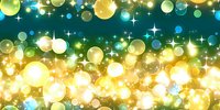 Magical glowing bokeh lights and sparkles on dark background create dreamy atmosphere with yellow and turquoise gradient effect. Festive holiday backdrop.