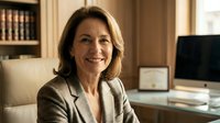 Professional mature businesswoman smiling confidently at desk in elegant office environment with books and computer for corporate leadership concepts.