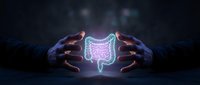 Protective hands surrounding glowing digestive system hologram representing gut health, medical care and gastrointestinal wellness concept for healthcare design.