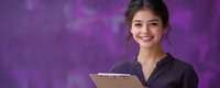 Young Asian businesswoman holding clipboard smiling confidently against purple bokeh background, professional corporate portrait in panoramic format.